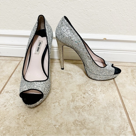 Authentic Miu Miu Silver sequined High Heels size 38.5 - Picture 2 of 6